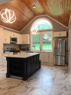 Interior, Kitchen, Marble, Pendant Lights, Wooden Ceilings
