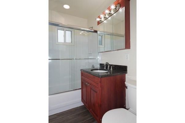 Bathroom, Glass Shower, Interior, Recessed Lighting, Wood Texture Flooring