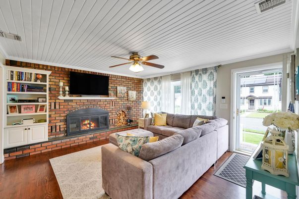 Fireplace, Interior, Living room, Stone Walls, Wood Texture Flooring
