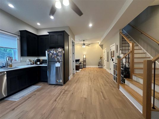 Interior, Kitchen, Recessed Lighting, Wood Texture Flooring