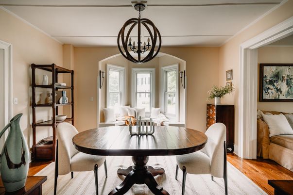 Dining room, Interior, Pendant Lights, Wood Texture Flooring