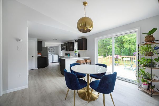 Dining room, Interior, Kitchen, Pendant Lights, Wood Texture Flooring
