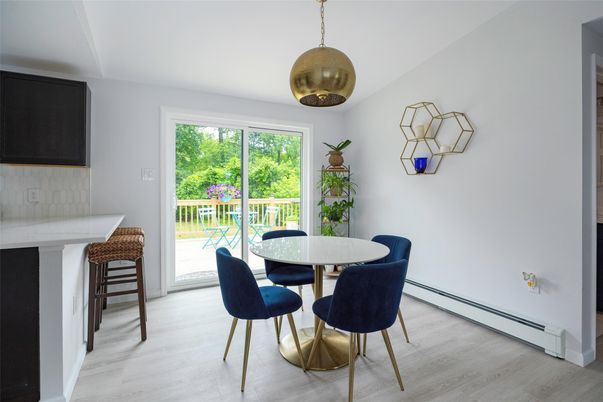 Dining room, Interior, Pendant Lights, Wood Texture Flooring