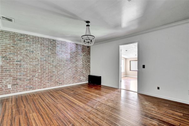 Empty room, Interior, Pendant Lights, Stone Walls, Wood Texture Flooring