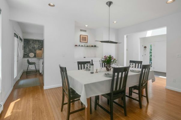 Dining room, Interior, Pendant Lights, Recessed Lighting, Wood Texture Flooring