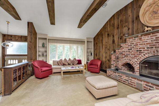 Fireplace, Interior, Living room, Pendant Lights, Stone Walls, Wooden Beams, Wooden Walls
