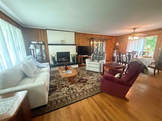 Dining room, Fireplace, Interior, Living room, Wood Texture Flooring, Wooden Walls