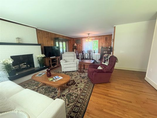 Dining room, Fireplace, Interior, Living room, Wood Texture Flooring, Wooden Walls