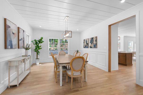 Dining room, Interior, Pendant Lights, Recessed Lighting, Wood Texture Flooring
