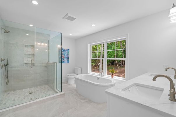 Bathroom, Dual Sink Vanities, Free Standing Baths, Glass Shower, Interior, Marble, Marble Walls, Recessed Lighting