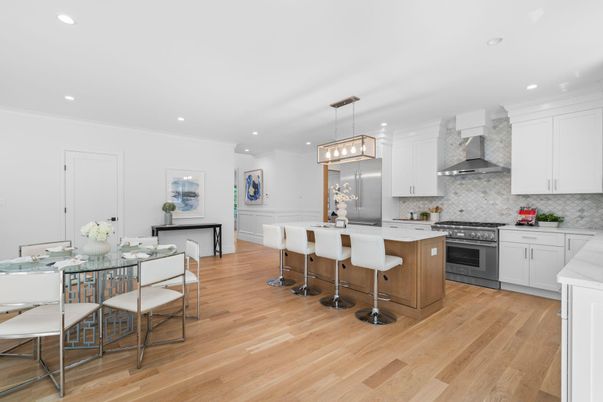 Dining room, Interior, Kitchen, Pendant Lights, Recessed Lighting, Stainless Steel Appliances, Wood Texture Flooring