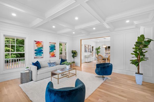 Dining room, Interior, Living room, Pendant Lights, Recessed Lighting, Wood Texture Flooring