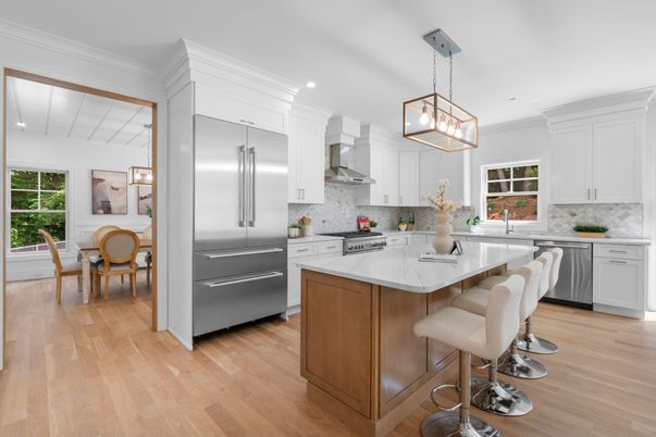 Dining room, Interior, Kitchen, Pendant Lights, Recessed Lighting, Stainless Steel Appliances, Wood Texture Flooring