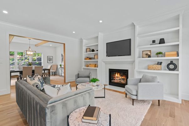 Dining room, Fireplace, Interior, Living room, Pendant Lights, Recessed Lighting, Wood Texture Flooring