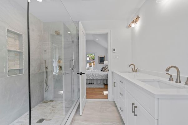 Bathroom, Bedroom, Dual Sink Vanities, Glass Shower, Interior, Marble, Recessed Lighting, Wood Texture Flooring