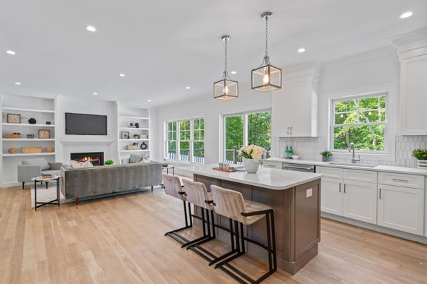 Fireplace, Interior, Kitchen, Living room, Pendant Lights, Recessed Lighting, Wood Texture Flooring