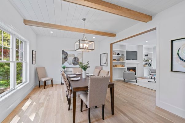 Dining room, Fireplace, Interior, Pendant Lights, Recessed Lighting, Wooden Beams, Wood Texture Flooring