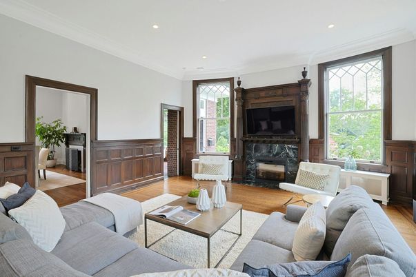 Fireplace, Interior, Living room, Recessed Lighting, Wood Texture Flooring