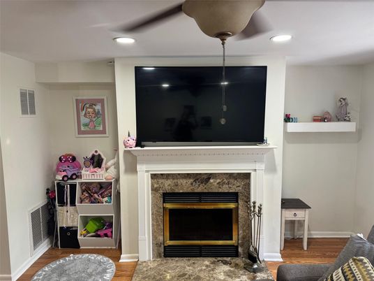 Fireplace, Interior, Recessed Lighting, Wood Texture Flooring