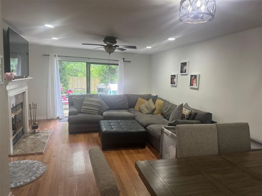 Fireplace, Interior, Living room, Recessed Lighting, Wood Texture Flooring