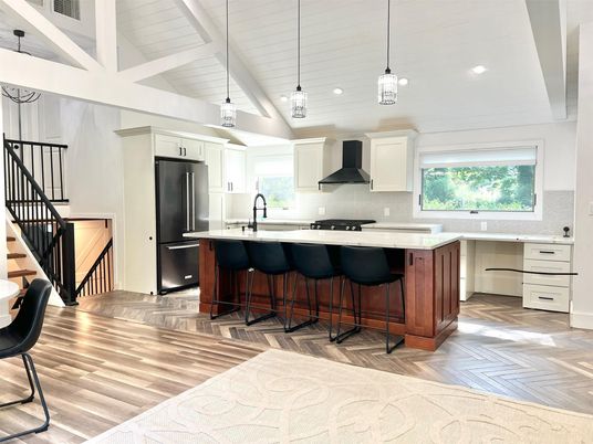 Interior, Kitchen, Pendant Lights, Recessed Lighting, Stainless Steel Appliances, Wood Texture Flooring