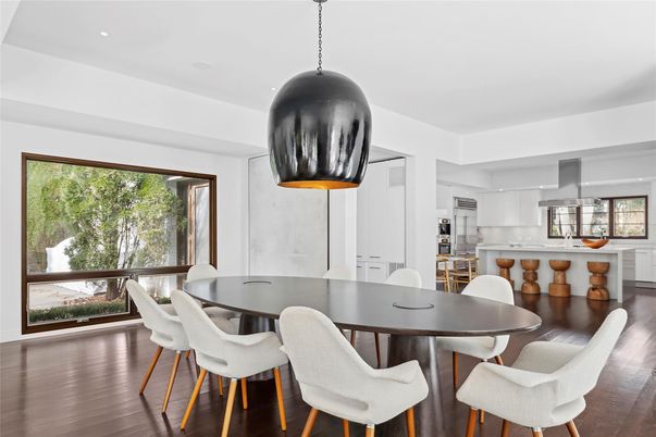 Dining room, Interior, Kitchen, Pendant Lights, Recessed Lighting, Wood Texture Flooring