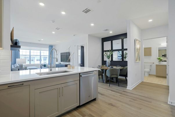 Dining room, Interior, Kitchen, Recessed Lighting, Wood Texture Flooring