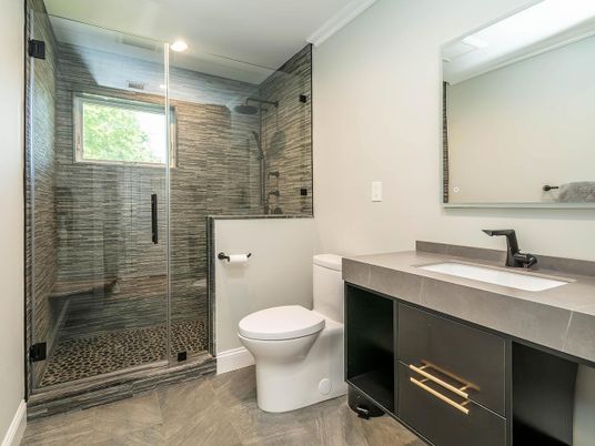 Bathroom, Glass Shower, Interior, Recessed Lighting, Wood Texture Flooring