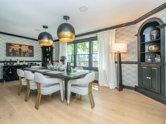 Dining room, Fireplace, Interior, Wood Texture Flooring