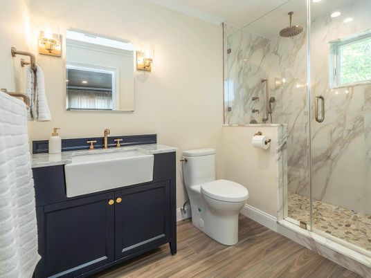 Bathroom, Glass Shower, Interior, Marble Walls, Recessed Lighting, Wood Texture Flooring