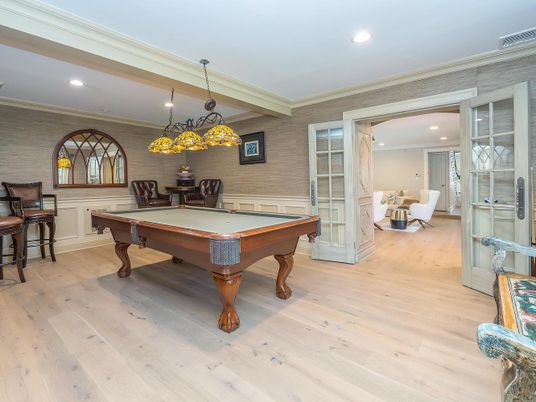 Billiard Table, Game Room, Interior, Pendant Lights, Recessed Lighting, Stone Walls, Wood Texture Flooring