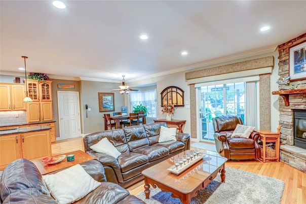 Dining room, Fireplace, Interior, Kitchen, Living room, Pendant Lights, Recessed Lighting, Stone Walls, Wood Texture Flooring