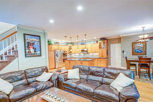 Dining room, Interior, Kitchen, Living room, Pendant Lights, Recessed Lighting, Stainless Steel Appliances, Wood Texture Flooring