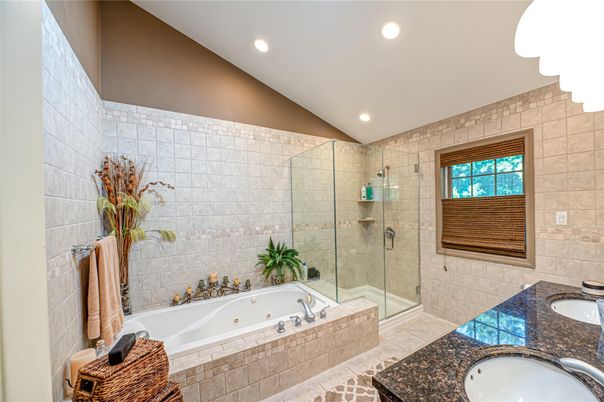 Bathroom, Dual Sink Vanities, Glass Shower, Interior, Recessed Lighting
