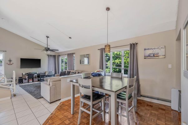 Dining room, Interior, Living room, Pendant Lights, Wood Texture Flooring