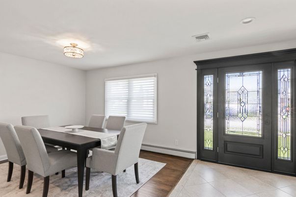 Dining room, Interior, Recessed Lighting, Wood Texture Flooring