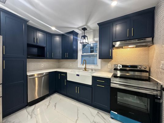 Interior, Kitchen, Marble, Pendant Lights, Recessed Lighting, Stainless Steel Appliances