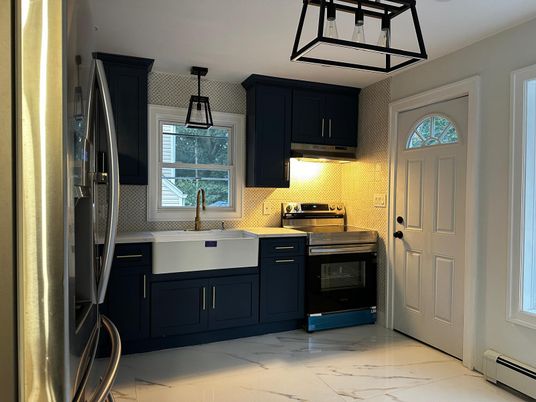 Interior, Kitchen, Marble, Pendant Lights, Stainless Steel Appliances