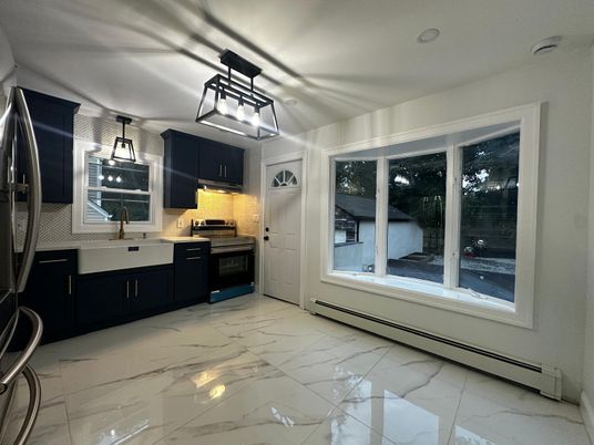 Interior, Kitchen, Marble, Pendant Lights, Recessed Lighting, Stainless Steel Appliances