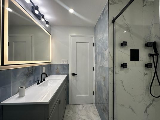 Bathroom, Glass Shower, Interior, Marble, Marble Walls, Recessed Lighting