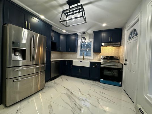 Interior, Kitchen, Marble, Pendant Lights, Recessed Lighting, Stainless Steel Appliances