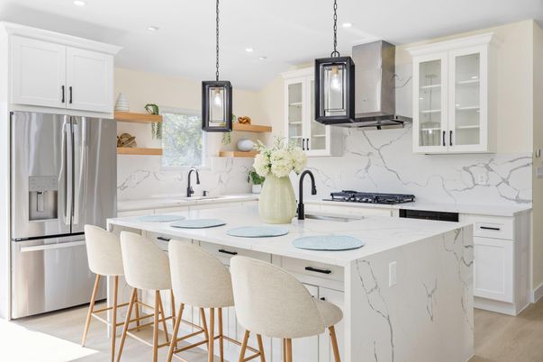 Interior, Kitchen, Marble Walls, Pendant Lights, Recessed Lighting, Stainless Steel Appliances, Wood Texture Flooring