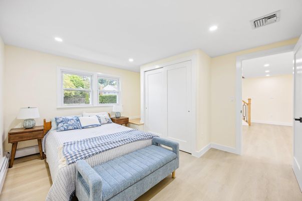 Bedroom, Interior, Recessed Lighting, Wood Texture Flooring