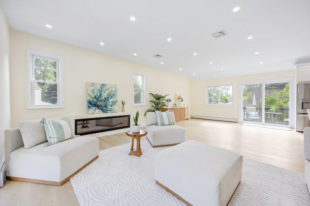 Fireplace, Interior, Living room, Recessed Lighting, Wood Texture Flooring