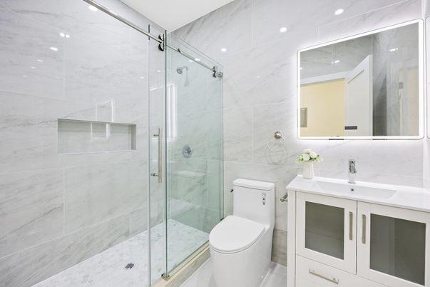 Bathroom, Glass Shower, Interior, Marble Walls, Recessed Lighting