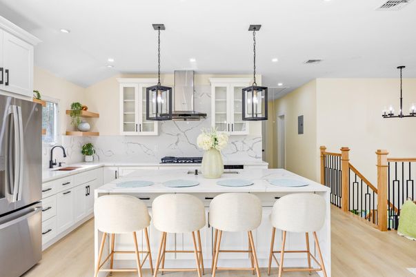 Interior, Kitchen, Marble Walls, Pendant Lights, Recessed Lighting, Stainless Steel Appliances, Wood Texture Flooring