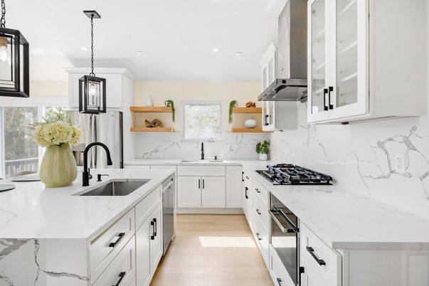 Interior, Kitchen, Marble Walls, Pendant Lights, Recessed Lighting, Stainless Steel Appliances, Wood Texture Flooring