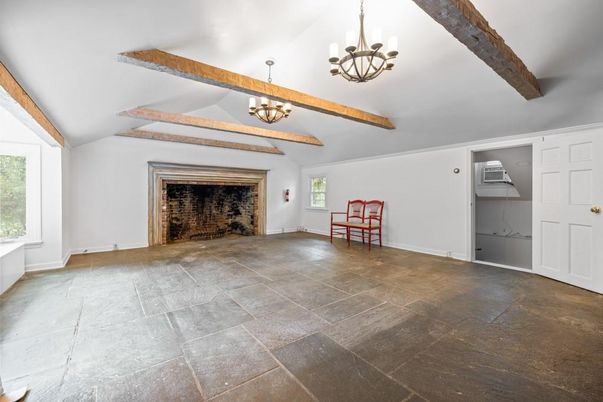 Chandelier, Empty room, Fireplace, Interior, Wooden Beams