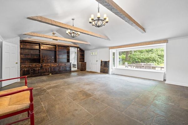 Chandelier, Empty room, Interior, Wooden Beams