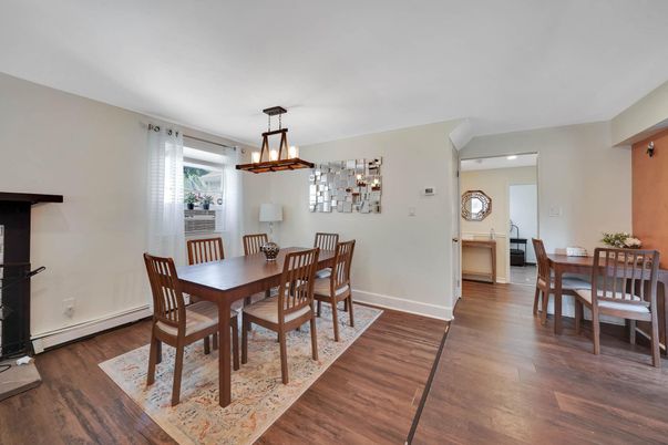 Dining room, Interior, Pendant Lights, Recessed Lighting, Wood Texture Flooring